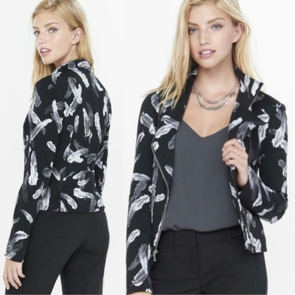 Express Moto Asymmetrical Feather Print Jacket Black White Edgy Career Size M
